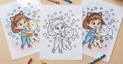 Line art coloring page showing a curly-haired girl inspired by Gabby's Dollhouse wearing her signature cat ear headband and casual overalls, smiling warmly as she lovingly hugs a happy spotted puppy surrounded by floating hearts.