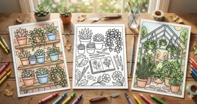 Line art coloring page showing three botanical sketch designs on a wooden table, featuring succulent shelves, an artist's sketchbook, and a garden greenhouse surrounded by crayons and pencils.