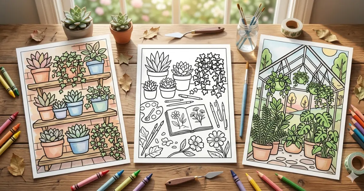 Line art coloring page showing three botanical sketch designs on a wooden table, featuring succulent shelves, an artist's sketchbook, and a garden greenhouse surrounded by crayons and pencils.