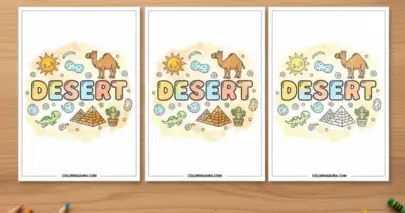 utline of a delightful desert doodle collage. The word "DESERT" rests in the center in bold bubble letters, surrounded by cute line art of a smiling sun, a friendly camel, ancient pyramids, a potted cactus, and a sweet little lizard.