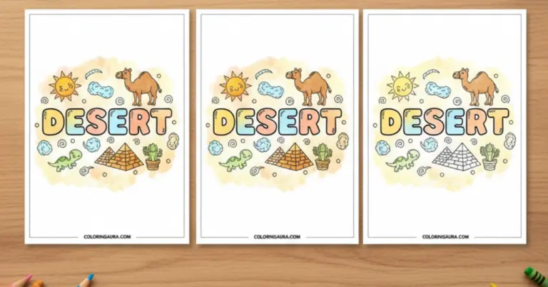 utline of a delightful desert doodle collage. The word "DESERT" rests in the center in bold bubble letters, surrounded by cute line art of a smiling sun, a friendly camel, ancient pyramids, a potted cactus, and a sweet little lizard.