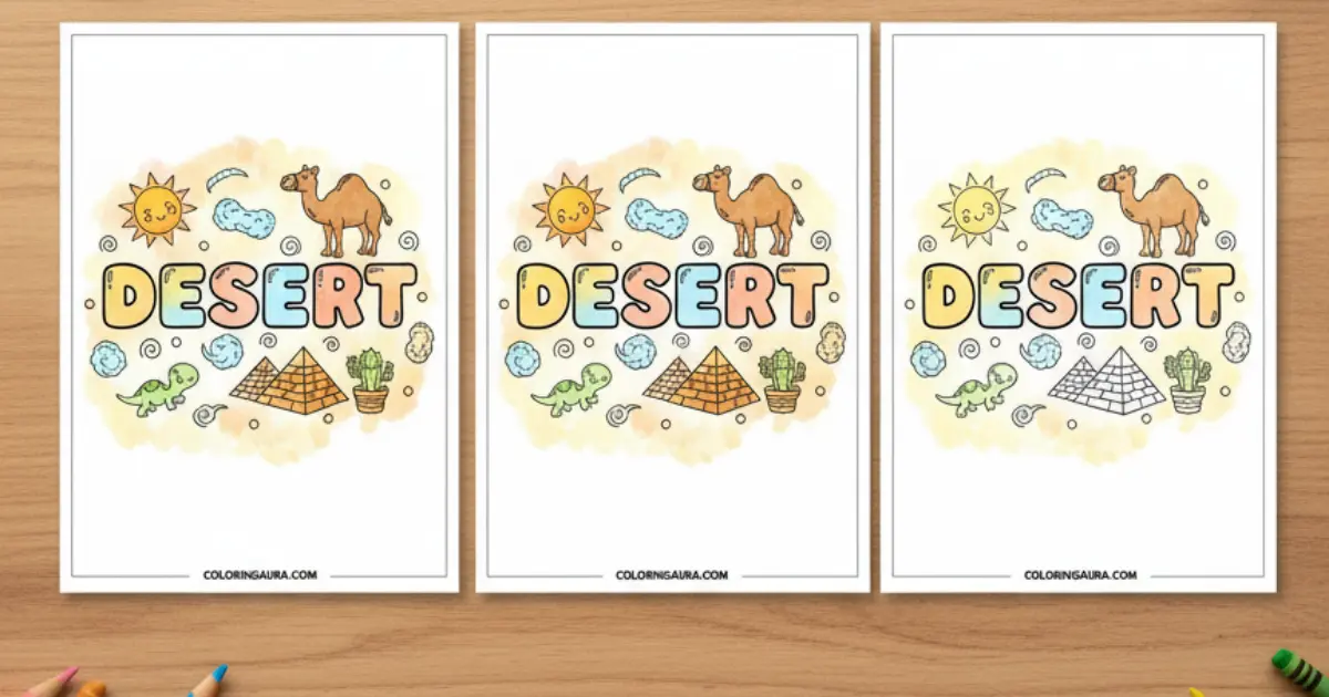 utline of a delightful desert doodle collage. The word "DESERT" rests in the center in bold bubble letters, surrounded by cute line art of a smiling sun, a friendly camel, ancient pyramids, a potted cactus, and a sweet little lizard.