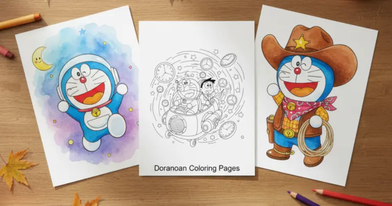 Line art coloring page showing a beautiful collection of printed Doraemon designs resting on a warm wooden table. The center features a crisp outline of Doraemon and Nobita in a time machine, displayed alongside brightly colored astronaut and cowboy pieces, surrounded by autumn leaves and coloring pencils.