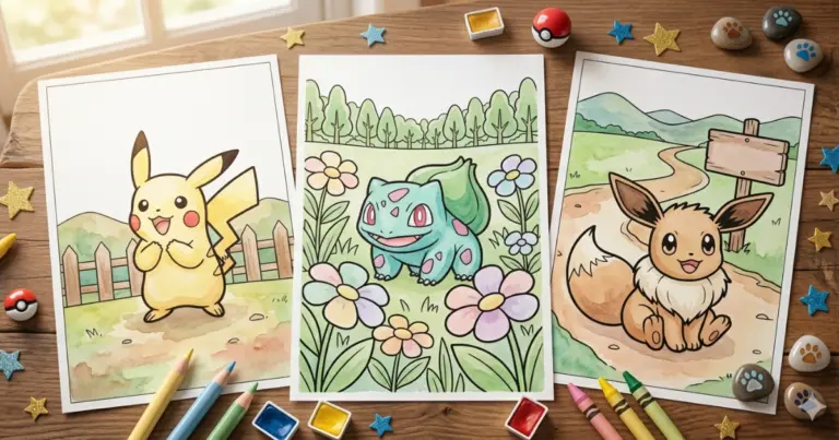 Line art coloring page showing three colored examples of Pokemon characters including Pikachu, Bulbasaur, and Eevee resting on a wooden table with crayons, watercolor paints, and decorative stars.