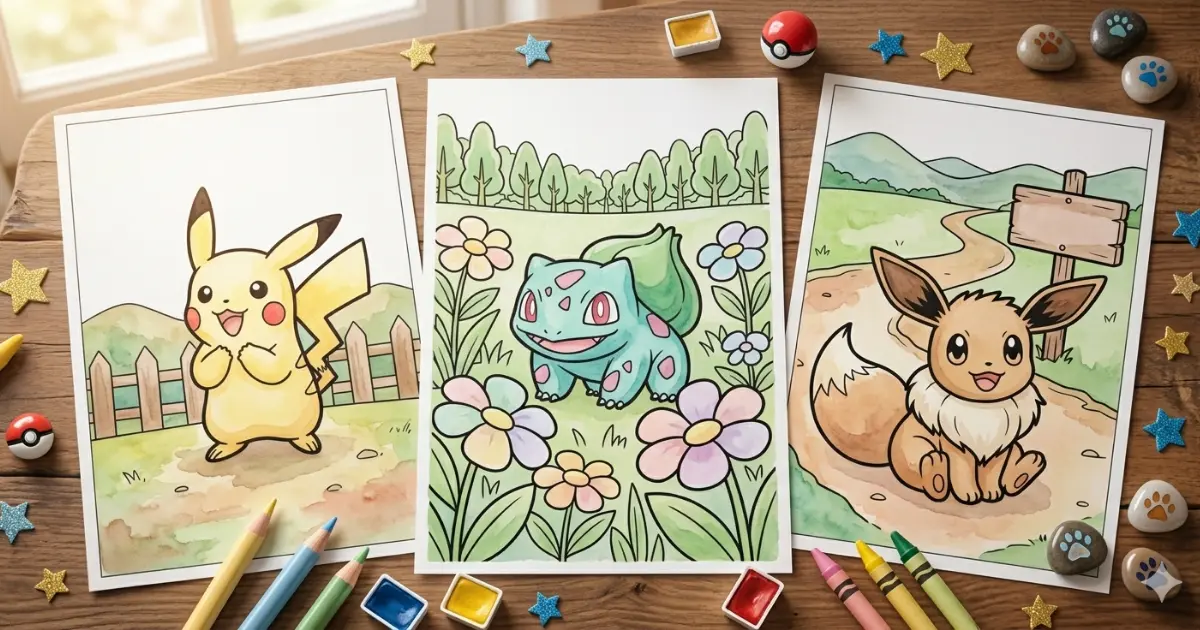 Line art coloring page showing three colored examples of Pokemon characters including Pikachu, Bulbasaur, and Eevee resting on a wooden table with crayons, watercolor paints, and decorative stars.