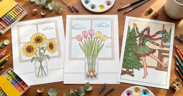Line art coloring page showing a cozy arrangement of three finished coloring pages on a wooden surface, featuring sunflowers, tulips, and a girl decorating a Christmas tree, surrounded by art supplies like crayons, paint, and brushes.