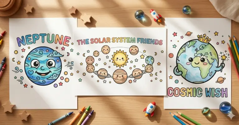 Line art coloring page showing a collection of three finished coloring pages of Neptune, the solar system friends, and a cosmic wish Earth, beautifully colored and resting on a wooden desk surrounded by crayons, pencils, and tiny toy rockets.