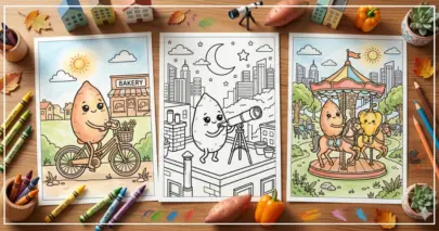 A flat lay photo showing three printed ColoringAura pages featuring sweet potatoes with friends in the city. One page is partially colored, showing a sweet potato on a bicycle by a bakery. The second is an outline of a sweet potato looking through a telescope on a rooftop at night. The third is a partially colored image of a sweet potato and bell pepper on a carousel. Crayons, colored pencils, sweet potatoes, and small decorative houses are arranged around the pages on a wooden table.