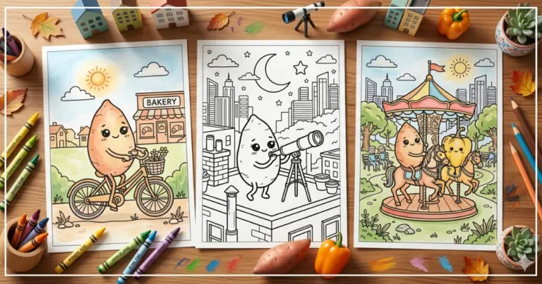 A flat lay photo showing three printed ColoringAura pages featuring sweet potatoes with friends in the city. One page is partially colored, showing a sweet potato on a bicycle by a bakery. The second is an outline of a sweet potato looking through a telescope on a rooftop at night. The third is a partially colored image of a sweet potato and bell pepper on a carousel. Crayons, colored pencils, sweet potatoes, and small decorative houses are arranged around the pages on a wooden table.