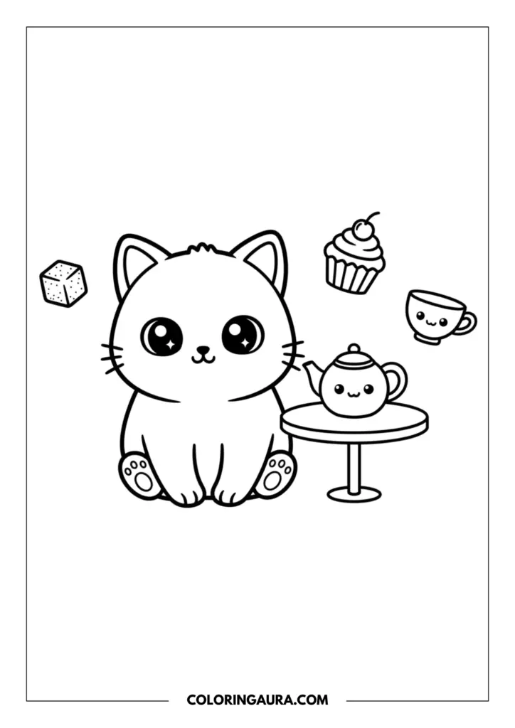 Line art coloring page showing an adorable Sweet kitten sitting next to a small round table with a smiling teapot. Floating around the cat are a sugar cube, a sweet cupcake with a cherry on top, and a cheerful little teacup, all drawn with clean, thick lines perfect for coloring.