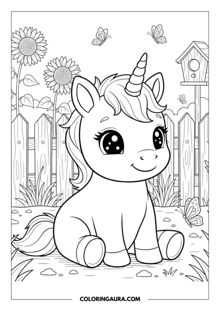 Line art coloring page showing a very cute baby unicorn with big sparkly eyes sitting peacefully in a beautiful garden. The inspiring outdoor scene features tall blooming sunflowers, delicate flying butterflies, a classic wooden fence, and a charming little birdhouse, all drawn in a clean, easy-to-color outline style.
