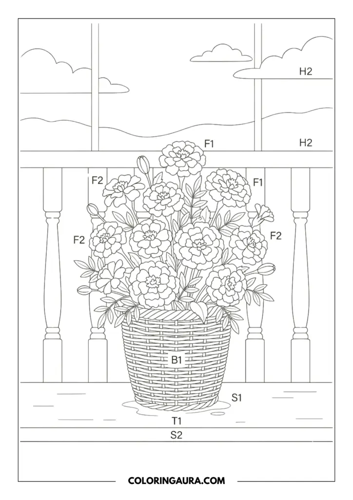 Line art coloring page showing a woven wicker basket filled to the brim with round, ruffled marigold flowers, sitting on a wooden porch or balcony with a scenic mountain and cloud background.