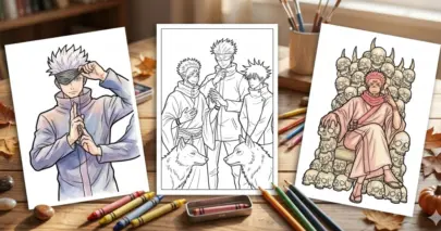 Line art coloring page showing a collection of Jujutsu Kaisen characters including Satoru Gojo lifting his blindfold, a group portrait with Megumi Fushiguro and his Divine Dogs, and Sukuna sitting on his throne of skulls.