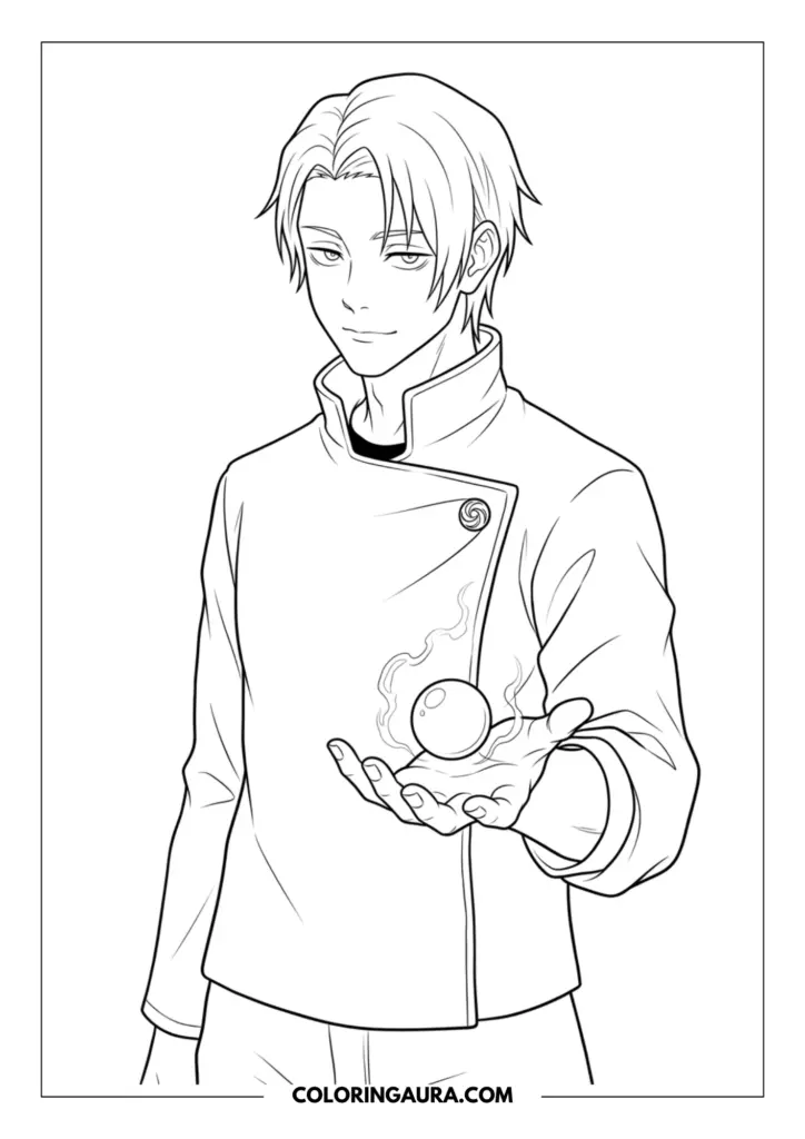 Line art coloring page showing a young Suguru Geto in his school uniform, holding a small glowing cursed spirit orb in his open palm with a gentle expression.