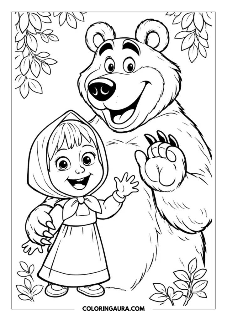 Line art coloring page showing Masha and the friendly Bear standing together and waving. Masha is wearing her signature headscarf and dress with a bright smile, while the large Bear stands behind her waving a giant paw. Decorative forest leaves frame the top and bottom of this cheerful scene.