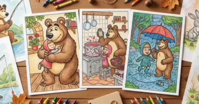 Line art coloring page showing a collection of colored Masha and the Bear sheets spread across a wooden desk with drawing tools. The pages showcase heartwarming hugs, jam cooking, and rainy adventures in the forest, surrounded by colorful crayons and autumn leaves.