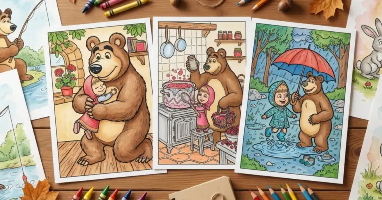 Line art coloring page showing a collection of colored Masha and the Bear sheets spread across a wooden desk with drawing tools. The pages showcase heartwarming hugs, jam cooking, and rainy adventures in the forest, surrounded by colorful crayons and autumn leaves.