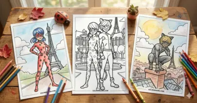 Line art coloring page showing three different Miraculous scenes on a rustic wooden table, including Ladybug by the Eiffel Tower and Cat Noir on a rooftop, surrounded by colorful crayons, pencils, and autumn leaves.