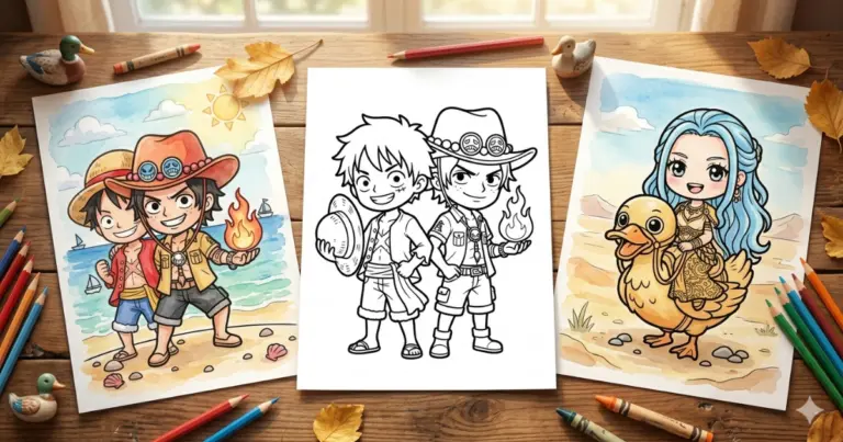 Line art coloring page showing a creative wooden table layout with three illustrations: a central black-and-white outline of chibi Luffy and Ace standing back-to-back, flanked by colored-in scenes of the brothers on a beach and Princess Vivi riding her duck Karoo.