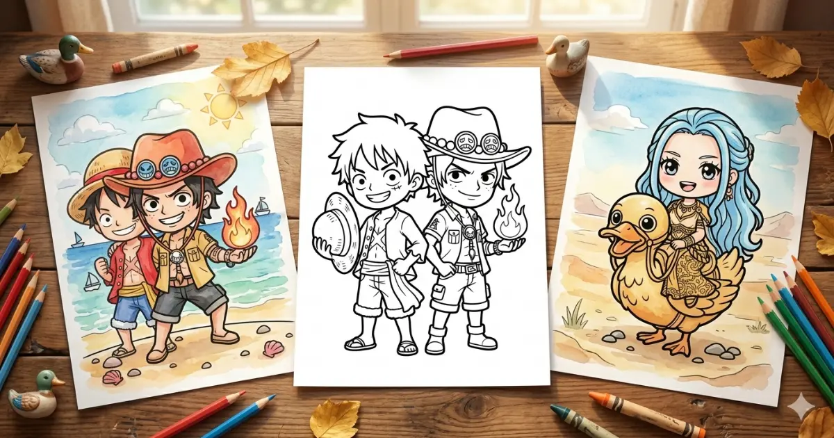 Line art coloring page showing a creative wooden table layout with three illustrations: a central black-and-white outline of chibi Luffy and Ace standing back-to-back, flanked by colored-in scenes of the brothers on a beach and Princess Vivi riding her duck Karoo.