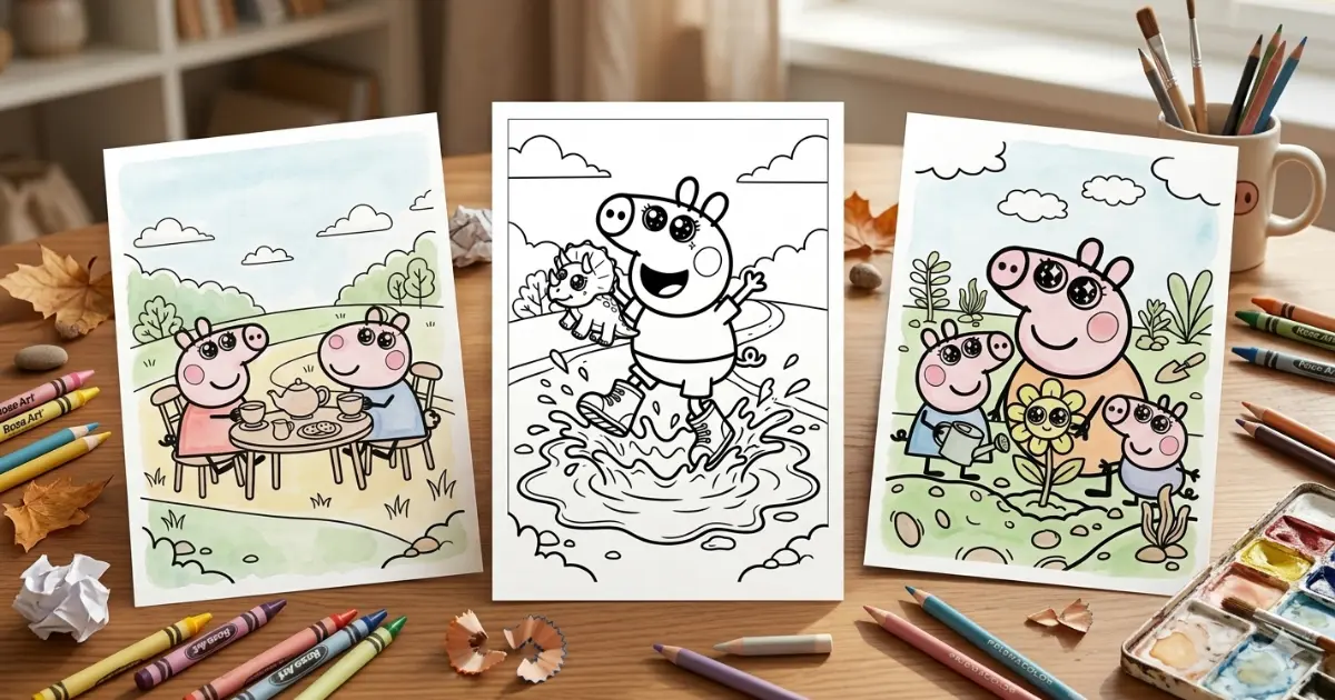 Line art coloring page showing three Peppa Pig illustrations with big sparkle eyes laid out on a wooden desk alongside colorful crayons, pencils, and a watercolor paint set.