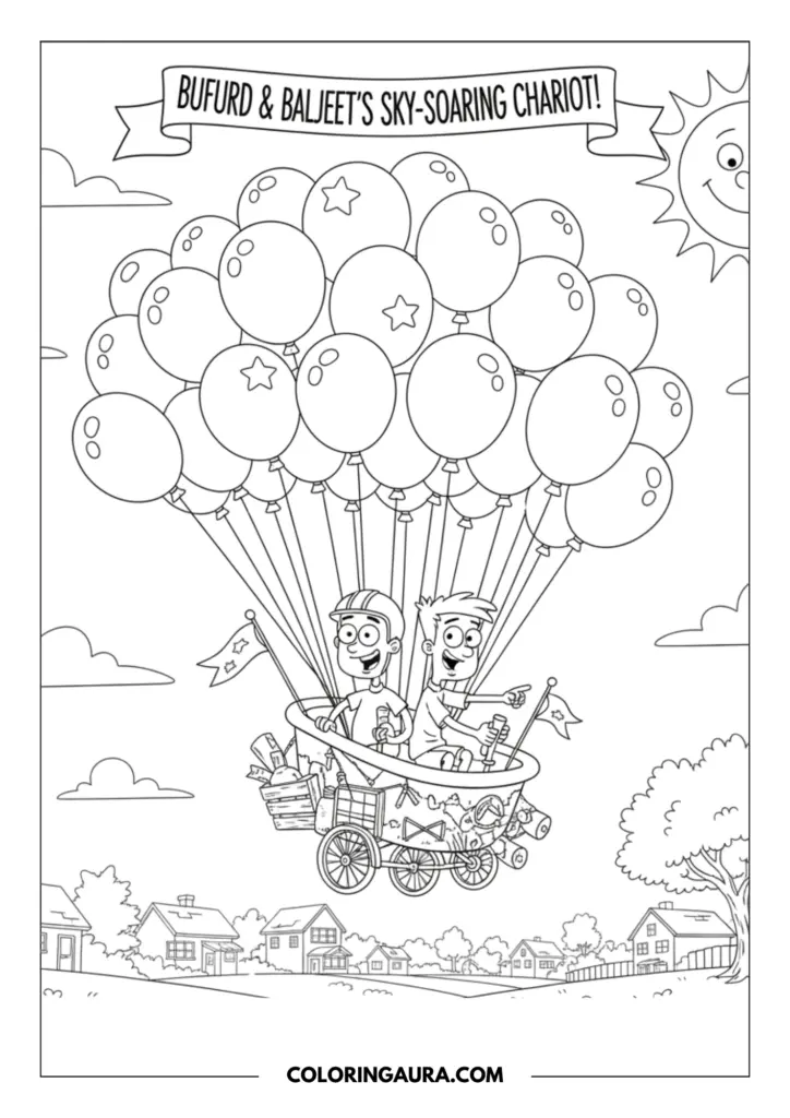 Line art coloring page showing two cheerful friends soaring high above a quiet suburban neighborhood in a magical flying chariot made from a bathtub, lifted into the sky by dozens of beautiful balloons beneath a smiling sun.
