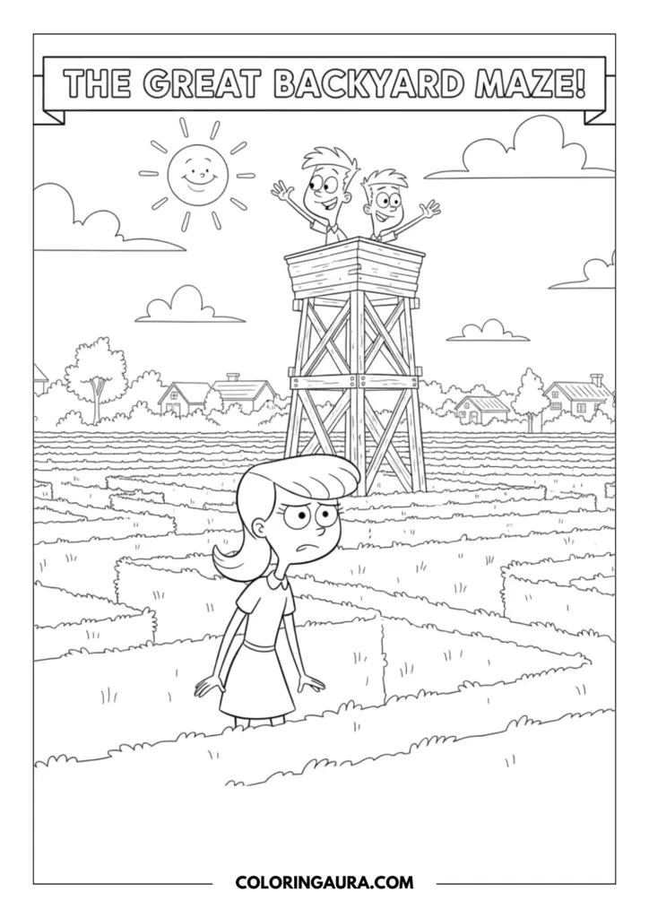 Outline of a confused older sister wandering through a magnificent, giant backyard hedge maze, while her two clever brothers wave happily from the top of a tall wooden observation tower under a warm, shining sun.