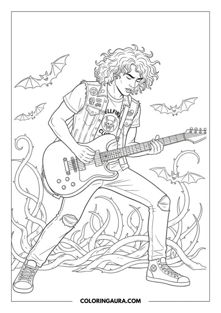 Line art coloring page showing Eddie Munson from Stranger Things passionately playing an electric guitar. He is wearing his signature Hellfire Club t-shirt and a patched denim vest, surrounded by creeping Upside Down vines and flying Demobats.