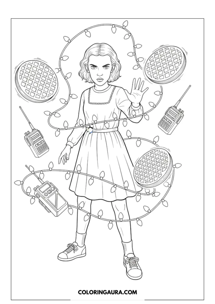 Line art coloring page showing Eleven from Stranger Things using her telekinetic powers. She is wearing her classic collared dress and sneakers, beautifully surrounded by floating retro walkie-talkies, round waffles, and a tangled string of Christmas lights.