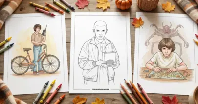 Line art coloring page showing characters from Stranger Things, including Eleven holding a box of waffles, Mike Wheeler with his vintage bicycle and walkie-talkie, and Will Byers drawing a map with the shadowy Mind Flayer silhouette in the background. Clean, simple outlines perfect for kids.
