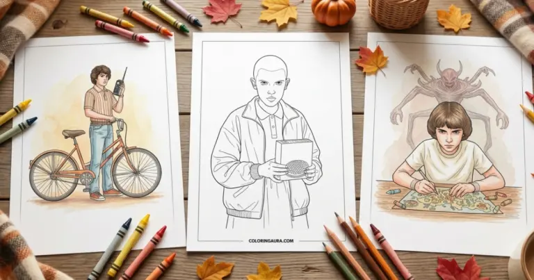 Line art coloring page showing characters from Stranger Things, including Eleven holding a box of waffles, Mike Wheeler with his vintage bicycle and walkie-talkie, and Will Byers drawing a map with the shadowy Mind Flayer silhouette in the background. Clean, simple outlines perfect for kids.