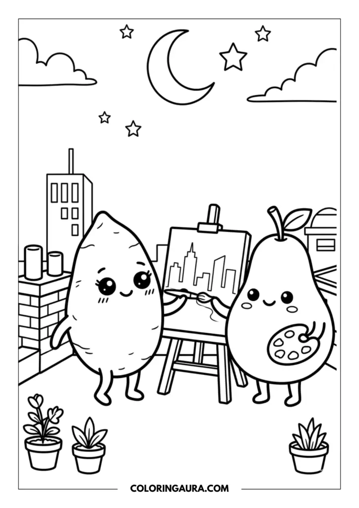 Line art coloring page showing a cute sweet potato with big sparkly kawaii eyes, painting a cityscape on an easel next to a happy pear friend holding a paint palette. Potted plants are nearby on a city rooftop, with buildings, a crescent moon, and stars in the night sky.