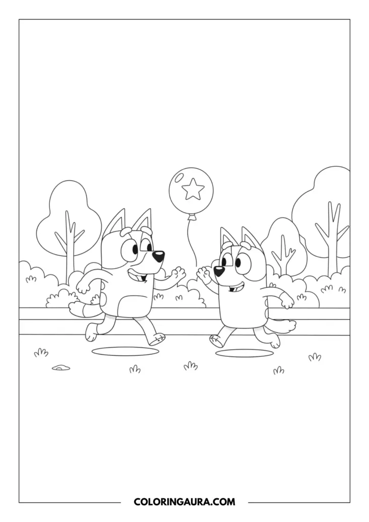 Line art coloring page showing two joyful cartoon dogs, Bluey and Bingo, running toward each other to play keepy uppy. A balloon with a star design floats between them in the air. The background features a peaceful park setting with simple outline trees, fluffy bushes, and small grass tufts, all drawn in a clean, black-and-white vector outline style.