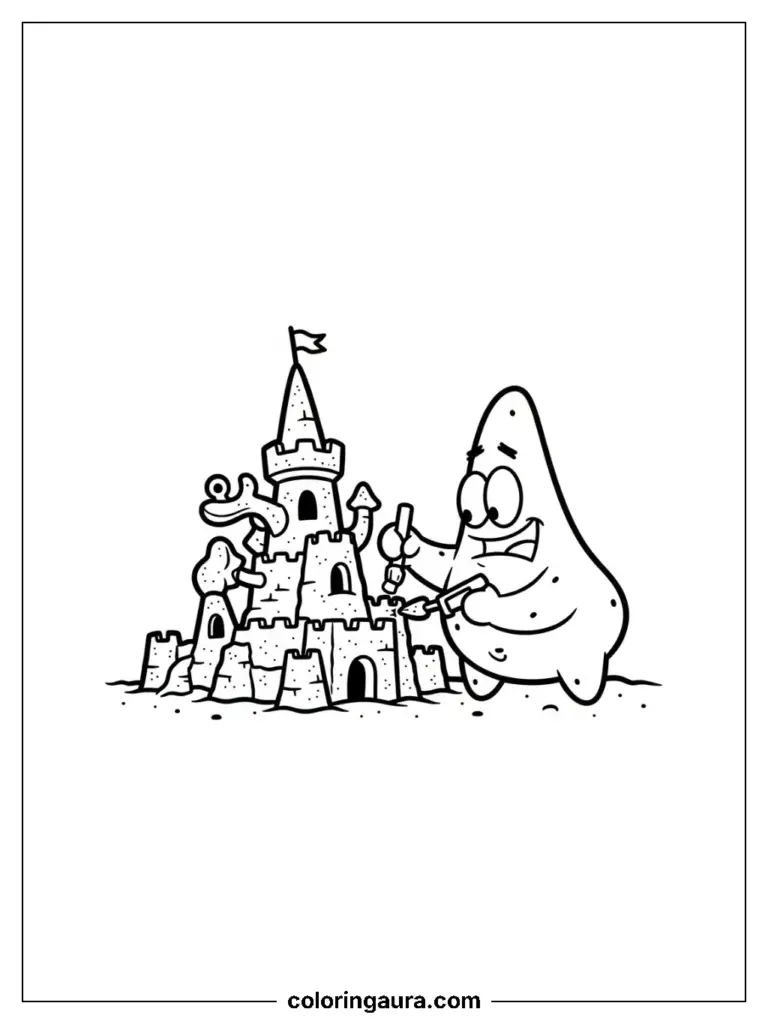 Patrick Star from SpongeBob SquarePants building an elaborate sandcastle on the beach, black and white coloring page.