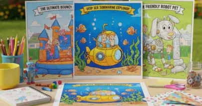 Outline of a beautiful collection of Phineas and Ferb adventures displayed on a warm wooden desk, featuring a yellow submarine, a bouncy castle, and a giant robot pet, surrounded by colored pencils, crayons, and a tiny blue toy robot to awaken your creative soul.