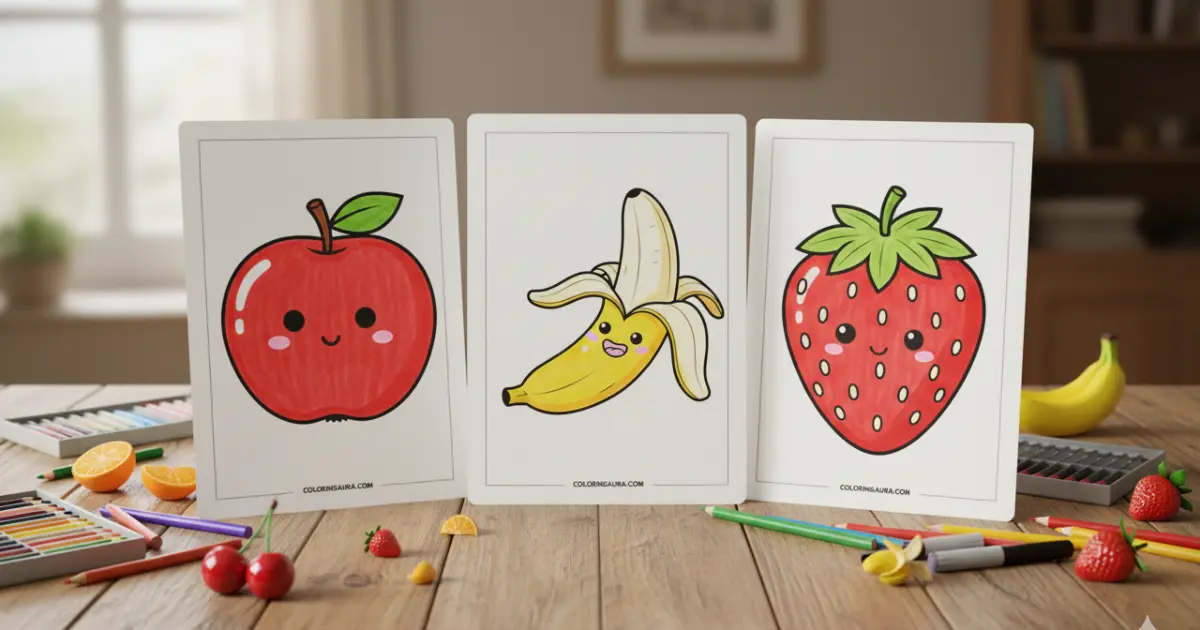 Line art coloring page showing an adorable trio of cute fruits: a round apple with a little leaf, a happy half-peeled banana, and a sweet strawberry. All feature charming kawaii faces with bright eyes, rosy cheeks, and warm smiles to inspire your creativity.