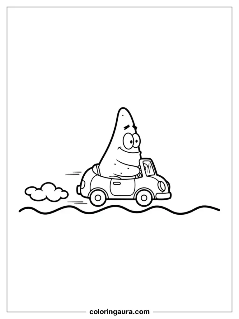Patrick Star from SpongeBob SquarePants driving a small car with smoke behind, black and white coloring page. 
