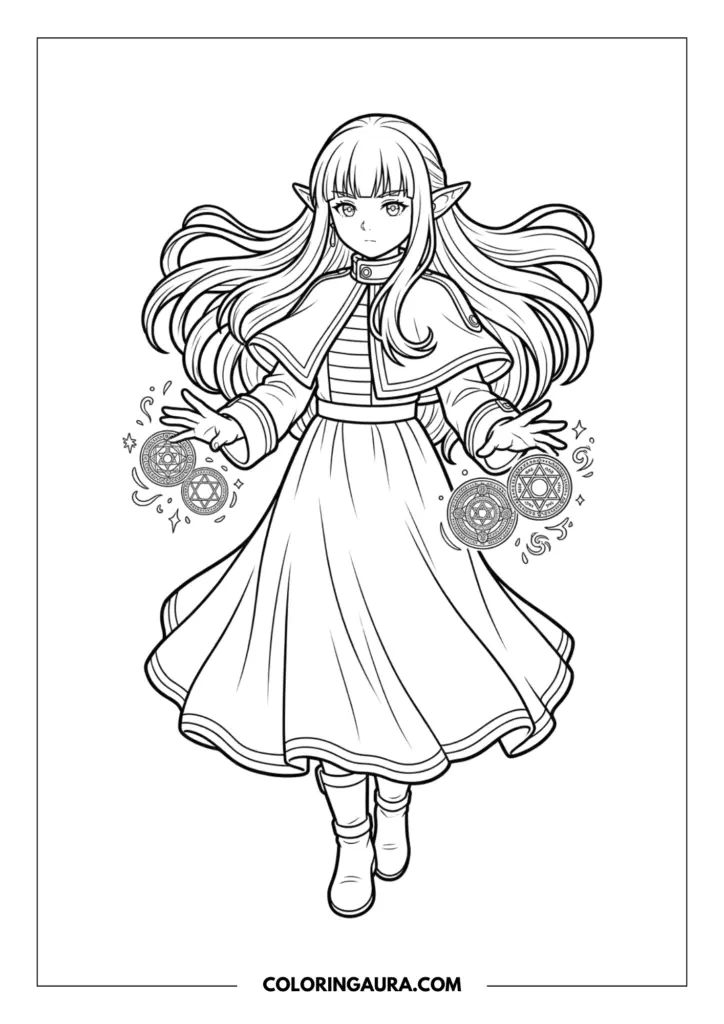 Line art coloring page showing the mage Fern casting a powerful spell with intricate magic circles appearing around her hands, wearing her signature long dress and capelet with her hair flowing beautifully.