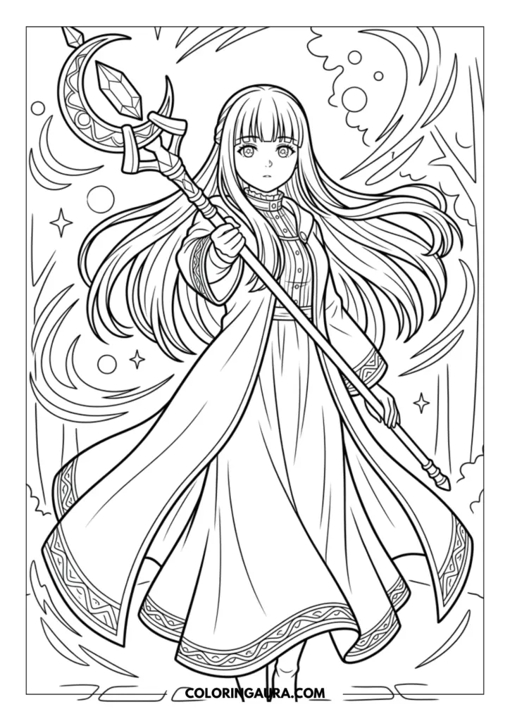 Line art coloring page showing the mage Fern walking with a large crescent magic staff, wearing a long flowing cloak and dress on a cobblestone path with magical energy swirls.