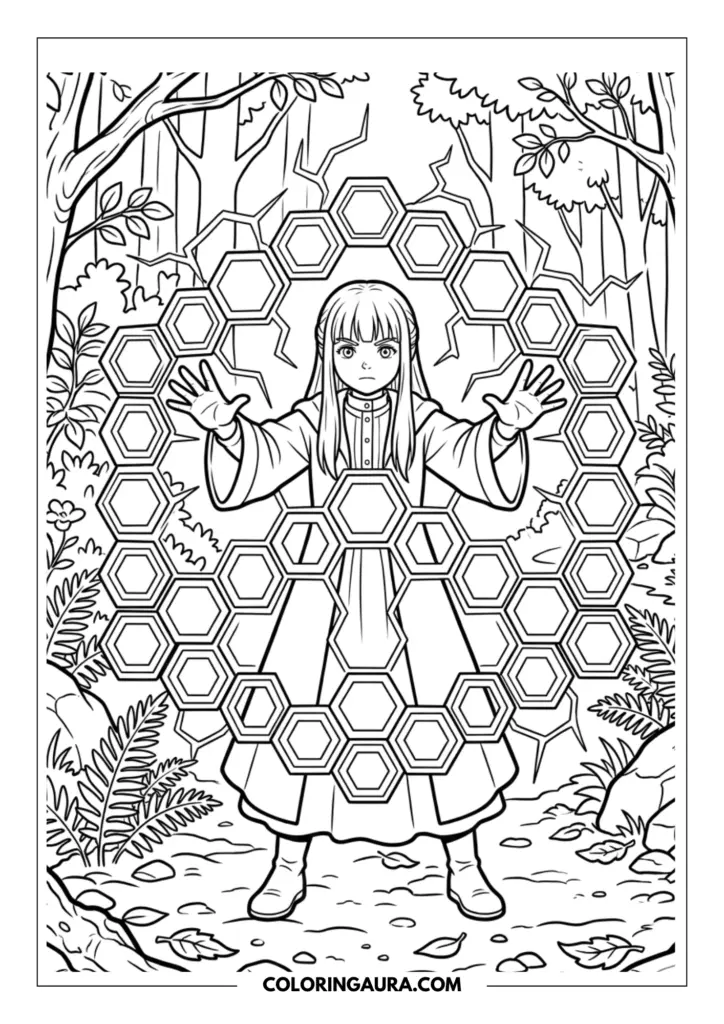 Line art coloring page showing Fern the mage casting a large hexagonal honeycomb magic shield in the middle of a forest. She wears her traveling robe and has a focused expression while surrounded by trees and ferns.