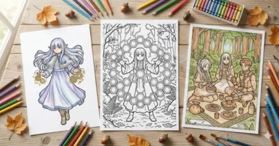 Line art coloring page showing a wooden table with autumn leaves and colored pencils surrounding three different designs: Fern casting golden magic, a line art outline of a honeycomb magic shield in the forest, and the trio of Frieren, Fern, and Stark sharing a peaceful picnic.