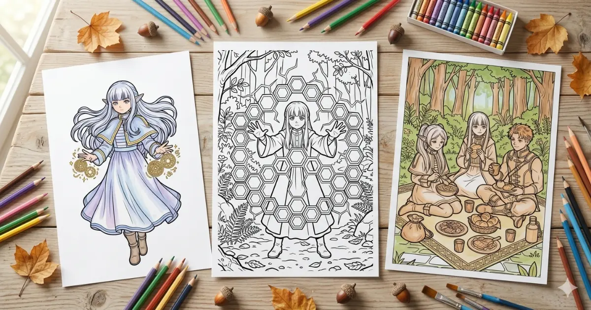 Line art coloring page showing a wooden table with autumn leaves and colored pencils surrounding three different designs: Fern casting golden magic, a line art outline of a honeycomb magic shield in the forest, and the trio of Frieren, Fern, and Stark sharing a peaceful picnic.