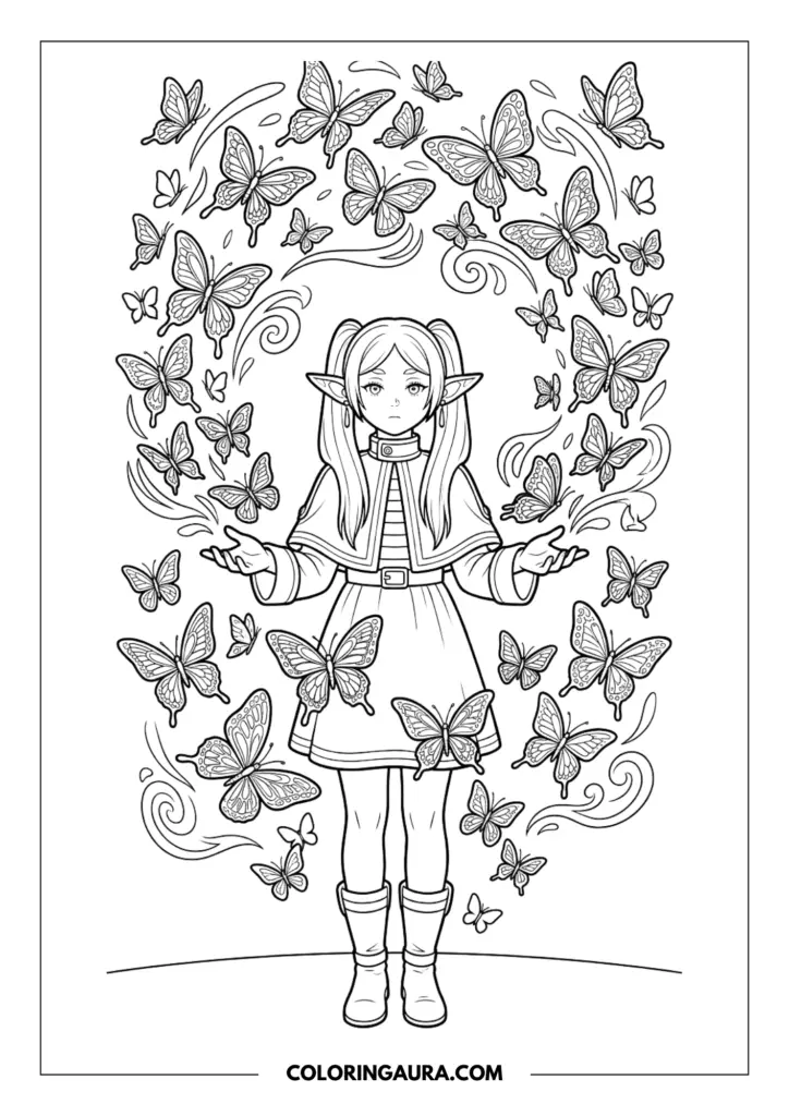 Line art coloring page showing the elf mage Frieren standing with her arms outstretched, surrounded by a magical cloud of beautiful butterflies. She is wearing her signature capelet and pigtails with clean, detailed outlines perfect for coloring.