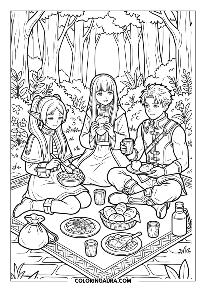 Line art coloring page showing Frieren, Fern, and Stark enjoying a cozy forest picnic together on a patterned blanket. They are surrounded by trees while sharing a meal of bread, soup, and fruit in a peaceful woodland setting.