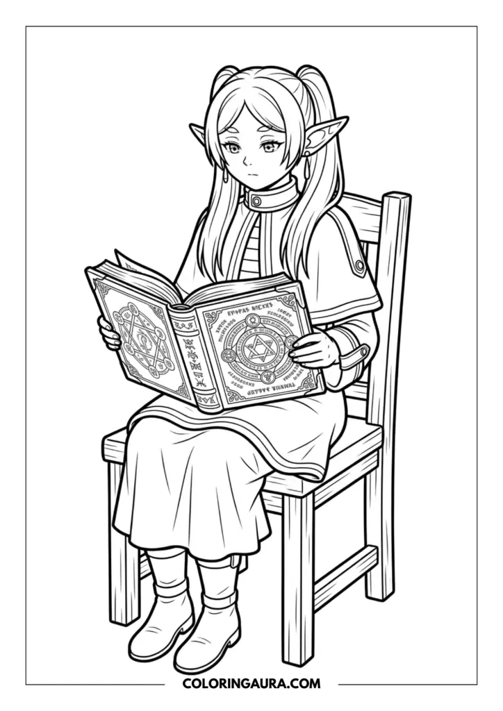 Line art coloring page showing the elf mage Frieren sitting on a wooden chair and reading a large open grimoire with magical symbols, wearing her signature traveling cape and pigtails.
