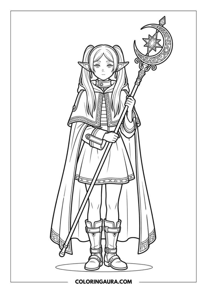 Line art coloring page showing Frieren the elf standing and holding her tall magical staff with a crescent moon and star design, wearing her signature traveling cape, pigtails, and tall buckled boots.