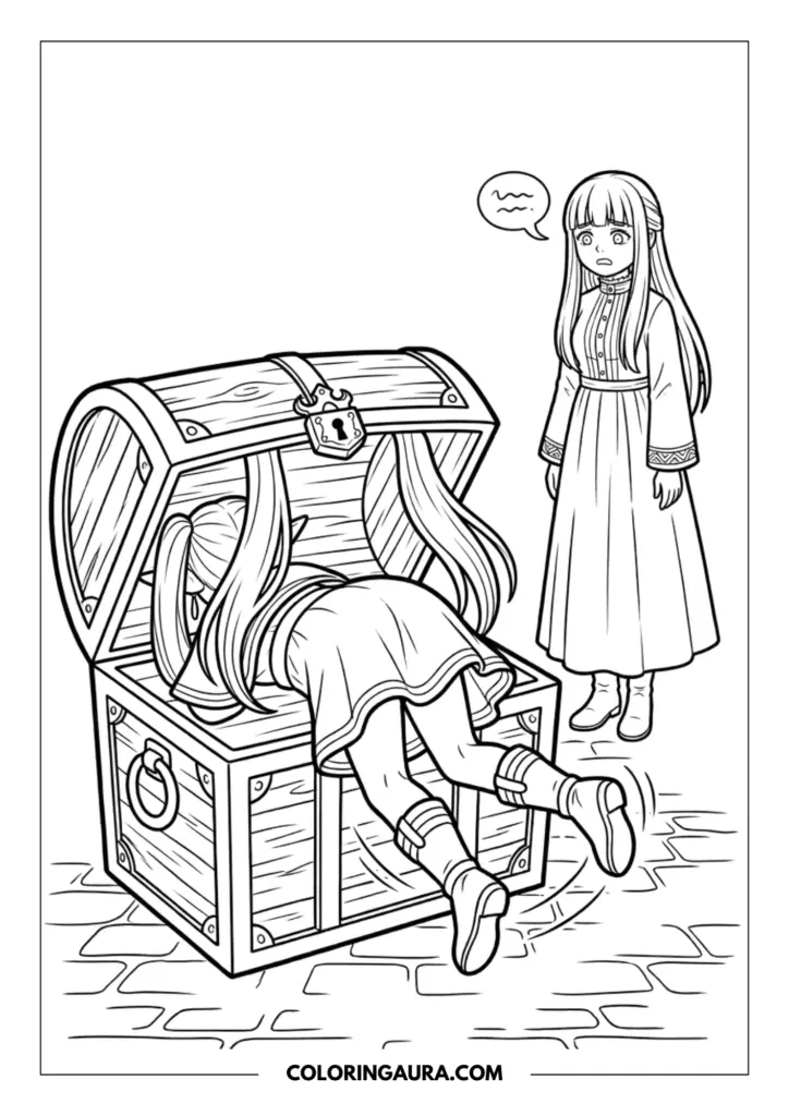 Line art coloring page showing the elf mage Frieren stuck head-first inside a large wooden treasure chest with her legs kicking out, while her companion Fern stands nearby with a worried expression on a cobblestone path.