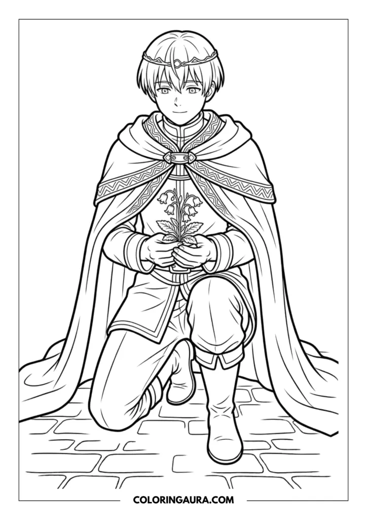Line art coloring page showing the hero Himmel kneeling on a cobblestone path while gently holding a small flower. He is wearing his signature royal cape with patterned borders and a simple crown circlet.