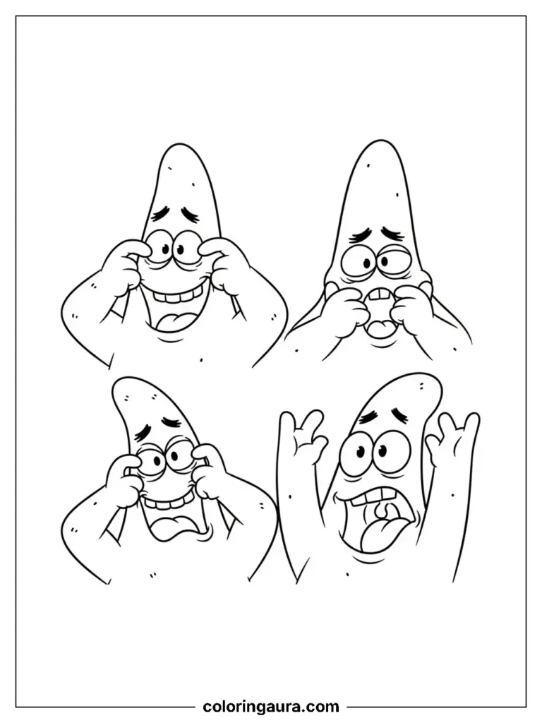 Four panels of Patrick Star making hilarious and exaggerated funny faces, perfect for coloring and laughter.