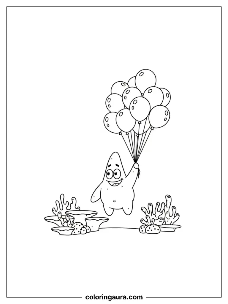 Patrick Star from SpongeBob SquarePants holding a bunch of balloons, standing among coral, coloring page.    